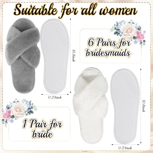 Image of JenPen 7 Pairs Bridesmaids Slippers Women's Cross Band Fuzzy Bachelorette Party Slippers for Wedding Bridal Party