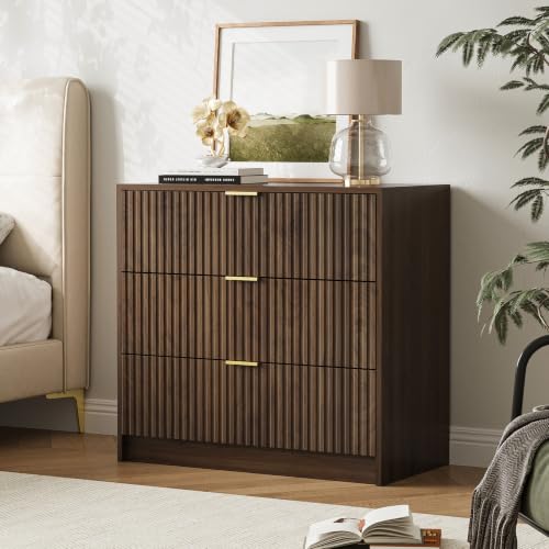 Image of Furniway 31.5 inch Large Nightstand with 3 Drawers, Fluted Bedside Table, Modern Tall End Table with Storage, Wood Night Stand Organizer Cabinet for Bedroom, Walnut
