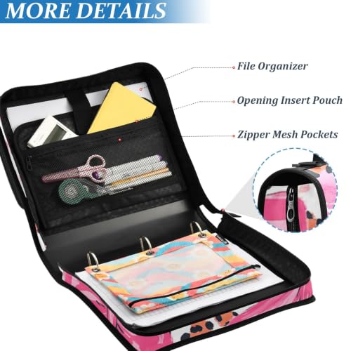 Image of 3 Ring Zipper Binder with Shoulder Strap Pink Bow Leopard Print 1.5 inch Binders Keeper Large Capacity Multi Pockets for School Office Supplies