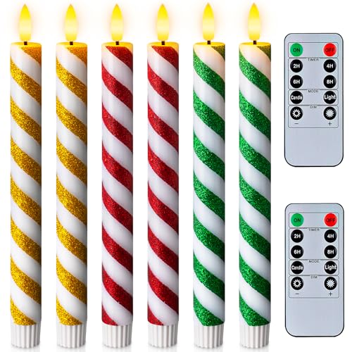 Image of Homemory Waxy Spiral Glitter Flameless Taper Candles with Remote, Timer, Dimmer, Battery Operated CandleSticks with Flickering Light, Led Window Candles for Christmas Decoration 6 Pcs, 9.6 Inches