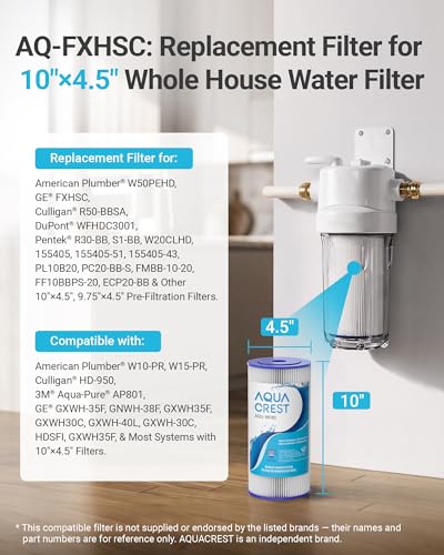 Image of AQUA CREST FXHSC Whole House Water Filter, 20 Micron 10 inch x 4.5 inch Sediment Filters Replacement for GE FXHSC, GXWH40L, GXWH35F, American Plumber W50PEHD, W10-PR, Culligan R50-BBSA, Pack of 2