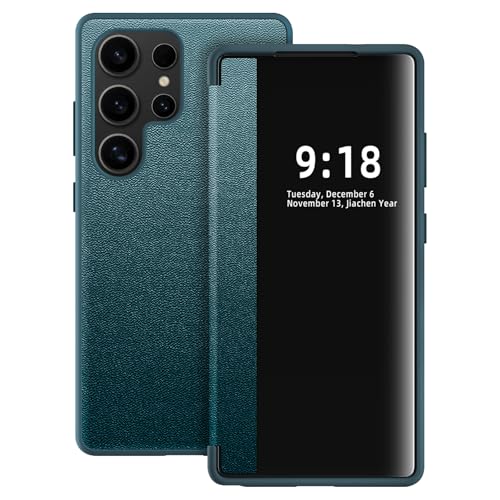 Image of Flip Case for Samsung Galaxy S25 Ultra Case S View, Frosted Translucent Window Clear View Folio Protective Phone Case, 360 Degree Full Body Shockproof Flip Cover Case for Samsung S25 Ultra 5G (Green)