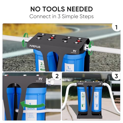 Image of PUREPLUS RV Dual Stage Water Filter System with Two Cartridges and Mounting Bracket, NSF /ANSI 42 Certified, Reduces Sediment, Chlorine, Odors and More, Stainless Steel 3 /4 inch Fittings