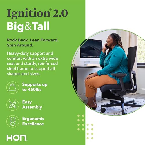 Image of HON Ignition 2.0 Big and Tall Ergonomic Mesh Office Chair, 450 lb Capacity, Extra‑Wide High‑Back Desk Chair with Adjustable Arms, Lumbar Support, Tilt Recline, Swivel Wheels, Black Frame, Black