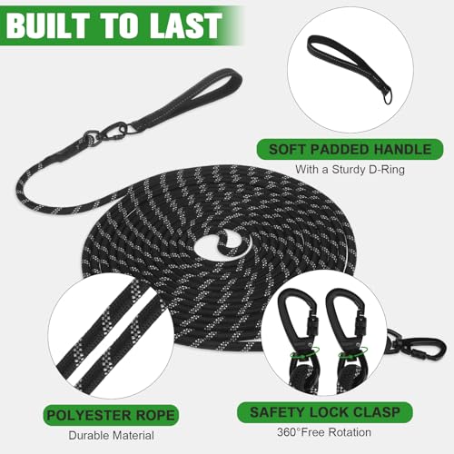 Image of Mihachi Dog Tie Out Stake and Long Dog Leash, Reflective Recall Training Lead Leash with Removable Handle, 15.8in Ground Stake, Ideal for Yard, Camping and Beach, Suitable for Large Dogs, Black 30FT