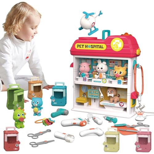 Hitish Pet Vet Toys Doctor Kit for Kids, Hospital Pretend Play Set Vet Clinic Toys with Light and Sound, Pet Care Playset Animal Grooming Toys Gifts for Girls Boys, Ages 3 and Up