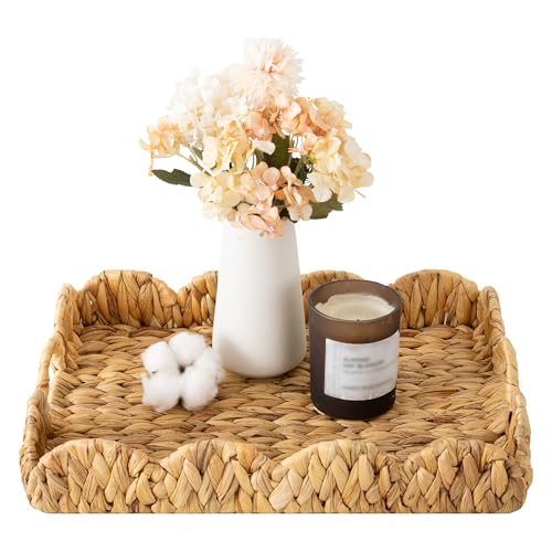StorageWorks Rectangle Wicker Scalloped Tray Rattan Serving Trays with Handles Water Hyacinth Basket for Decorative & Organizing 15.75 L x 11.5 W x 2.75 H