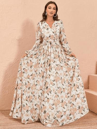 Image of TOLEEN Summer Casual Dresses for Women 2024 Spring Fashion Boho V Neck Long Sleeve Ruffle Floral Print Elegant Maxi Dress