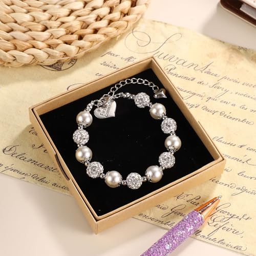 First Communion Bracelet, Pearl and Rhinestone Charm Bracelet with Heart Rosary Pendant 1st Holy Communion Bracelet Handmade for Christian Catholic Baptism Gifts Jewelry (Silver)3