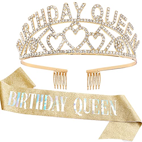 Birthday Crown,CIEHER Birthday Queen Sash & Birthday Crowns for Women Girls,Tiaras for Women,Birthay Tiara,Gold Birthday Queen Crown,Princess Elegant Crown with Combs,Happy Birthday Party Decorations,Birthday Gifts,Birthday Cake