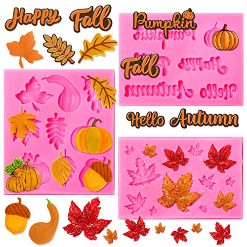 Whaline 3 Pack Fall Fondant Molds Autumn Pumpkin Maple Leaves Silicone Molds Hello Fall Candy Resin Chocolate Baking Mold for Autumn Harvest Cupcake Cake Topper Decoration Soap Jelly