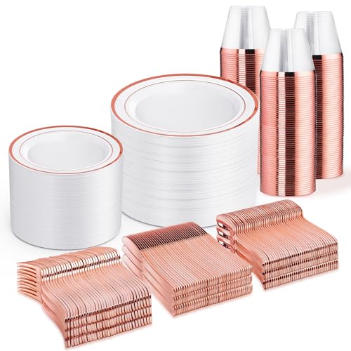 WELLIFE 600 PCS Rose Gold Disposable Dinnerware Set for 100 Guests Valentines Day Plate 100 Each-Dinner & Salad Plates Cups Forks Knives Spoons for Wedding Reception and Mothers Day Plates