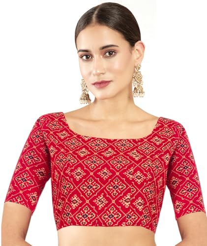 Chandrakala Cotton Printed Blouses for Women Sarees, Elbow Sleeves Ajrakh Print Crop top Choli (B223-P)
