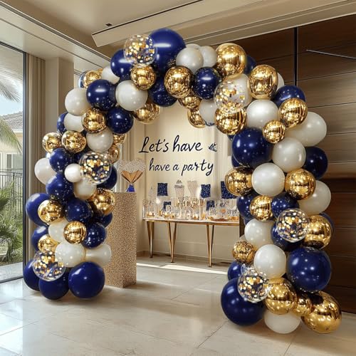 Image of Navy Blue Gold Balloon Arch Kit, Pearl White,129 pcs,Different Size