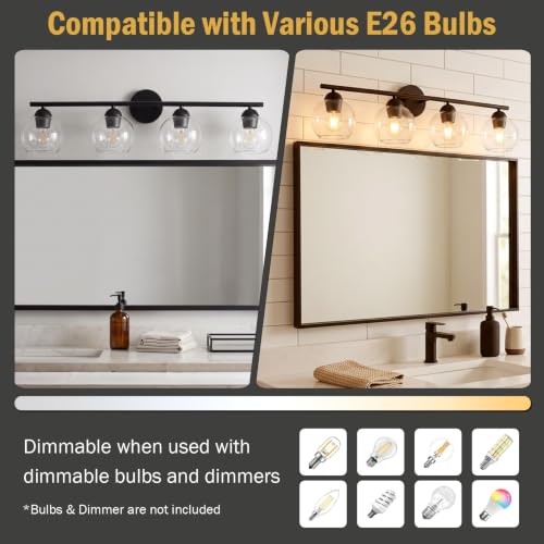 Image of 4 Light Bathroom Vanity Light, Black Vanity Light with Globe Glass Shades, Farmhouse Bathroom Light Fixtures Over Mirror, Modern Wall Light Fixture for Bedroom Hallway, E26 Socket