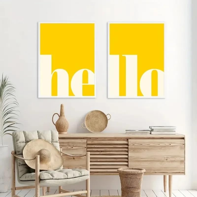 LMAIWANG 2er-Set gelbe Buchstaben „Hallo“ Leinwanddruck Willkommen Pädagogische Kinderzimmer Wandbild Poster für moderne Heimdekoration (80x120cmx2/Rahmenlos)