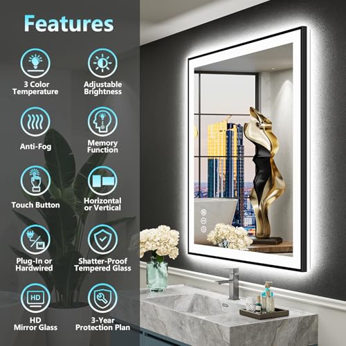Image of 24x32 Black Framed LED Bathroom Mirror with Lights, Backlit and Front Lit Anti-Fog Lighted Vanity Mirror for Bathroom Wall, Dimmable, 3 Colors, Memory, Shatter-Proof, HD Tempered Glass, CRI 95
