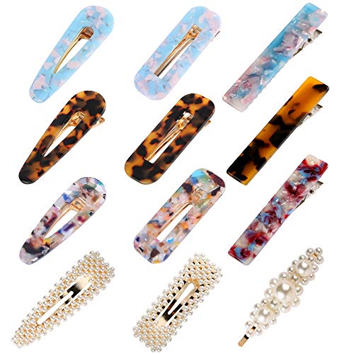 Henwei 12 Pcs Hair Clips Pearl Hair Barrettes Fashion Geometric Acrylic Resin Alligator Hair Clips Hair Pins for Women Ladies Hair Accessories