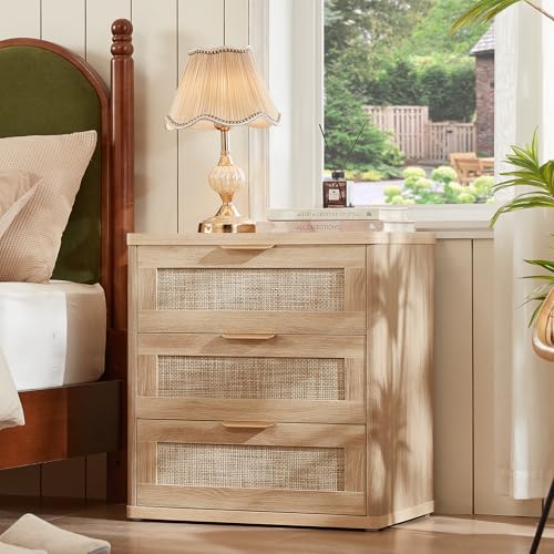 Image of LEYAOYAO Rattan 23 inch Nightstands with Drawers for Bedroom | Gold Metal Handle, Storage Shelf, Oak Night Stand, Boho Bedside Table, Bed Side End Tables Living Room, Hallway