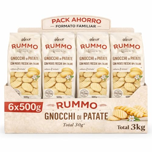 Gnocchi Rummo de Patatas 80%, ñoquis de patatas Italiana, Pasta Italiana, Tiempo de cocción 2 minutos, Contiene gluten, Puede contener trazas de soja, 6 Paquetes de 500 gr