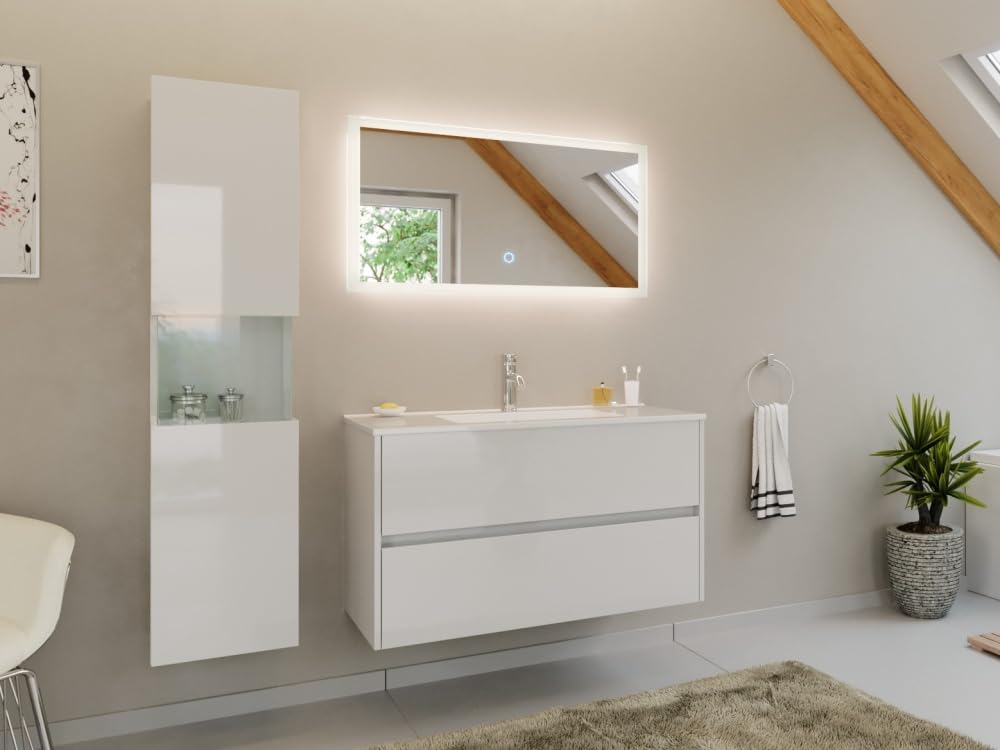 Badmöbel Set Taifun 3tlg. 100 cm mit LED Spiegel & Hochschrank