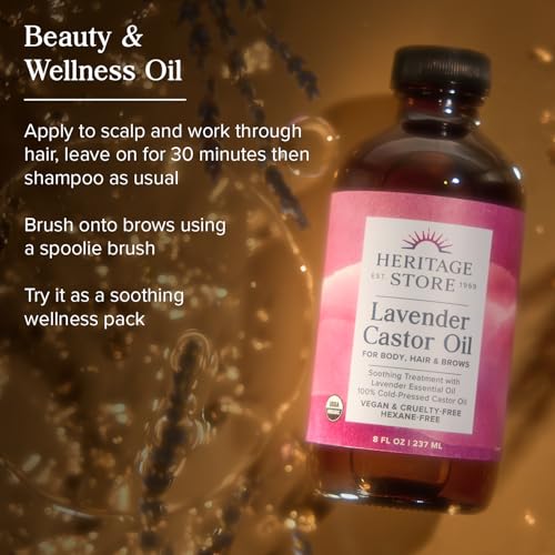 Image of HERITAGE STORE Lavender Castor Oil Organic - Soothing Hair Treatment w / Lavender Essential Oil - Hair Care, Skin Care, Castor Pack Wrap - Calming Scent, Vegan, Hexane Free, 60-Day Guarantee, 8oz