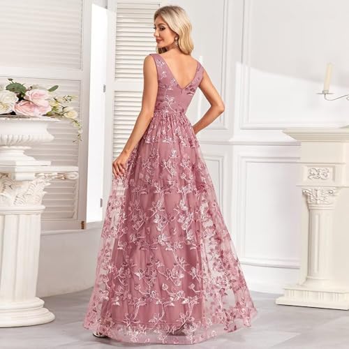 Image of Embroidery Tulle Maxi Formal Dresses V Neck Hight Waist Bridesmaid Dresses Dusty Rose Sleeveless Evening Prom Dresses, Medium