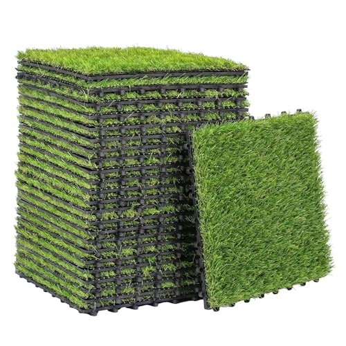 Outsunny Césped Artificial de 22 Piezas, Alfombra Césped Artificial 30x30 cm, con Altura de Hierba 25 mm, Drenaje Automático, para Jardín, Terraza, Patio, Balcón, Verde