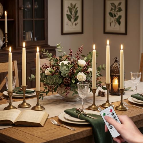Image of GenSwin Rechargeable Flameless LED Taper Candles Battery Operated 2 Remote | Ivory, 6 Pack, Real Wax 3D Flameless Flickering, 0.78 inch x 9.84 inch, 2 /4 /6 /8H Timer, Candlesticks for Wedding & Holiday Decor