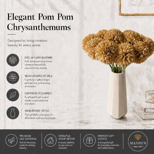 Image of Mandy's 12pcs Artificial Light Brown Ball Chrysanthemum Flowers