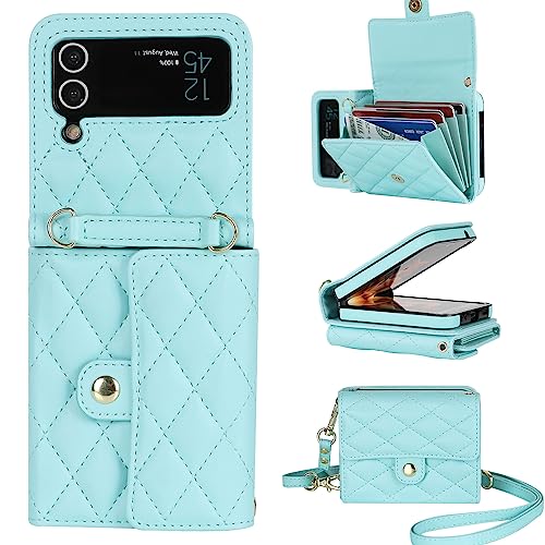 Coque Samsung Galaxy Z Flip 3 en cuir PU vert avec lanière amovible et porte-cartes XIZYO
