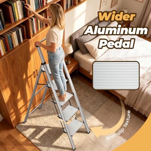 Image of HBTower 5 Step Ladder,Lightweight Aluminum Folding Step Stool with Anti-Slip Wide Pedal,330lbs Capacity Step Ladder for Household,Kitchen,Office - Sliver