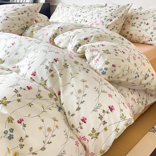 Wotcsil Funda Nórdica Cama 80/90 Floral, 100% algodón, Color Blanco Rosa, Juego de Funda Edredón 135x200 cm Floral + 1 Funda de Almohada 50x75cm, con Patrón Flores Hojas Botánico Jardín