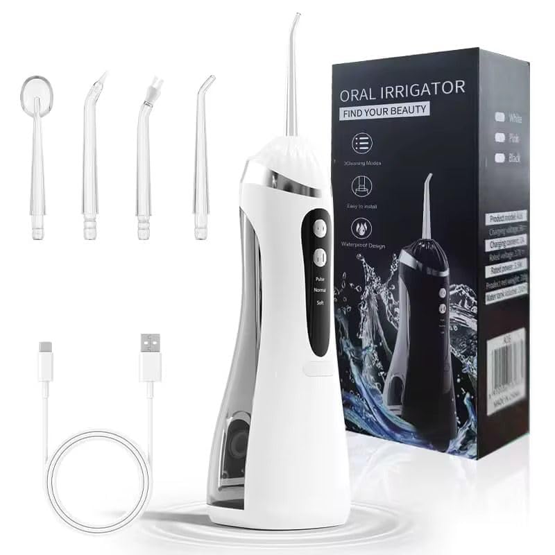 Oral Irrigator with 3 Modes and 4 Jets, Cordless IPX7 Waterproof Rechargeable Water Flosser with 200ml Water Tank for Teeth Cleaning