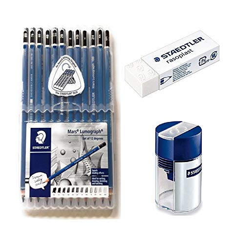 Wooden Lead Pencil By Staedtler Mars Lumograph - Pack of 12 Degrees in Practical Plastic Storage Box with Staedtler Tub Sharpener and Rasoplast Eraser