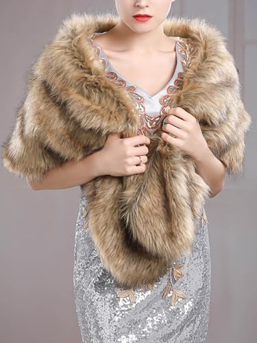 EASEDAILY Women's Fur Shawls and Wraps Wedding Scarf Faux Bridal Stole With Brooch for Brides and Bridesmaids4