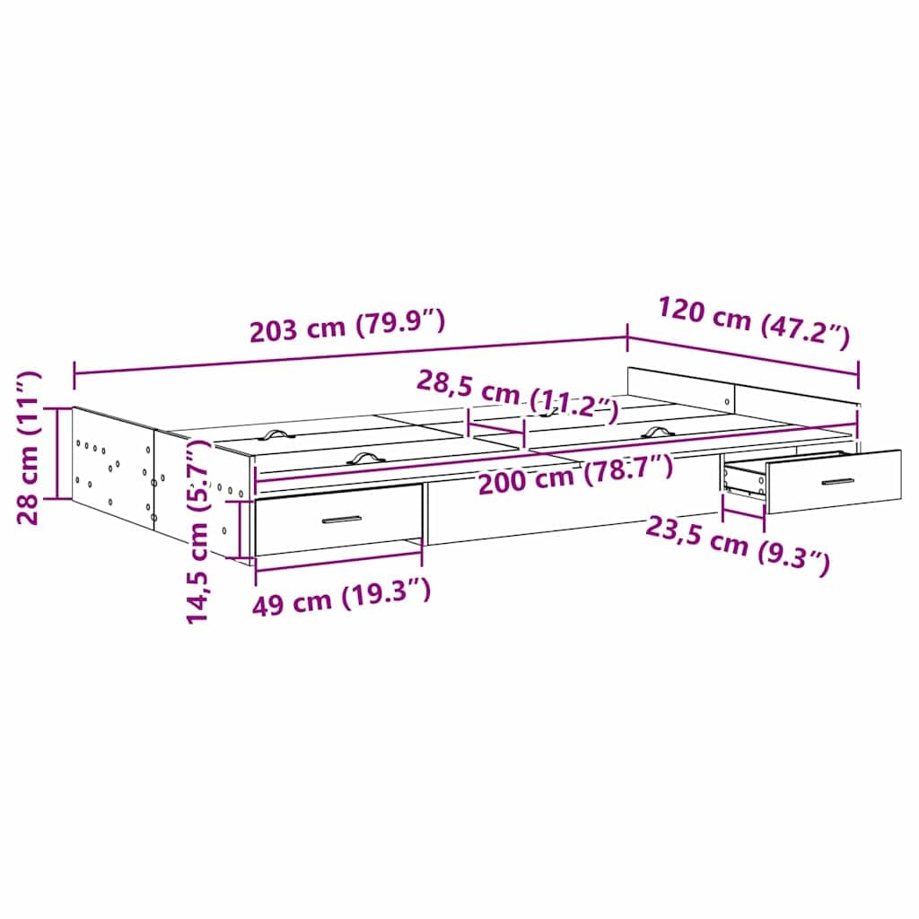vidaXL Cadre de lit avec Rangement avec tiroir Gris béton 120 x 200 cm, Cadre de Lit Moderne, Design Rectangulaire, Durable, Bois de Pin Solide, Espace Optimisé, Style Minimaliste
