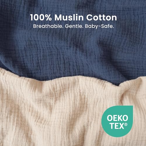 Image of Konssy 2 Pack Muslin Bassinet Sheets for Boys, Girls, 100% Cotton Soft Breathable Fitted Bassinet Mattress Sheet, 33 x 21 inches (Navy,Cream)