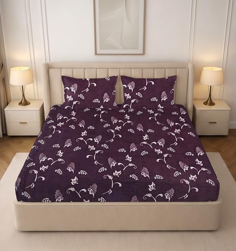 Image of RD TREND Premium Soft Cloud Cotton Floral Bedsheet for Double Bed | Size-90x90 Inches Queen Bedsheets with 2 Matching Pillow Covers (18x28 Inch) Dark Plum