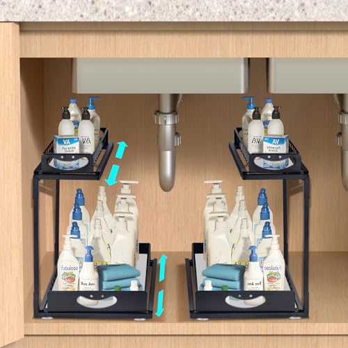 Strickland Home 2 Pack Under Sink Organizer,Two Tier Sliding Kitchen Organization and Storage, Multi-Use Under Sink Organizer for Kitchen Bathroom Pantry Cabinet Closet,Black