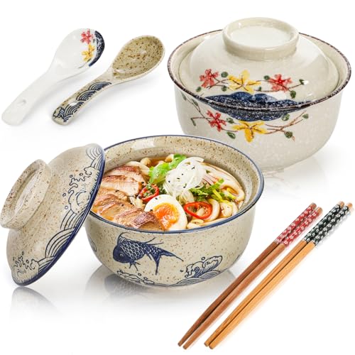 Nagpew 2 Pieces Ceramic Ramen Bowls 25 Oz Large Soup Bowl with Lid
