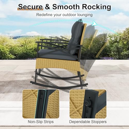 Image of Tangkula 3 Pieces Wicker Outdoor Rocking Chairs Set | Heavy Duty | Cushioned | Rattan Rocker Bistro Set w / 2-Tier Tempered Glass Coffee Table for Garden, Balcony, Backyard