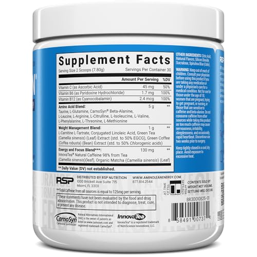 Image of RSP Nutrition AminoLean Pre Workout Powder, Amino Energy & Weight Management with Vegan BCAA Amino Acids, Natural Caffeine, Preworkout Boost for Men & Women, 30 Serv