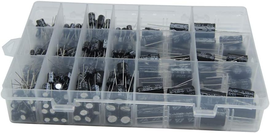 Electrolytic Capacitors 2.2uF 22uF 220uF 2200uF 6.3V 10V 16V 25V 50V 63V 100V 250V 400V Used in Toys Home Appliances Smart Meters Lighting Audio18Value 300Pcs XUANSN Capacitor Kit