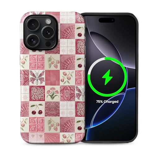Case for iPhone 14 Pro [Compatible with MagSafe], Matte Soft Silicone + Hard PC Anti-Scratch Shockproof Protective 2-in-1 Case for Women Men - Pink Floral Cherry Vintage Tiles