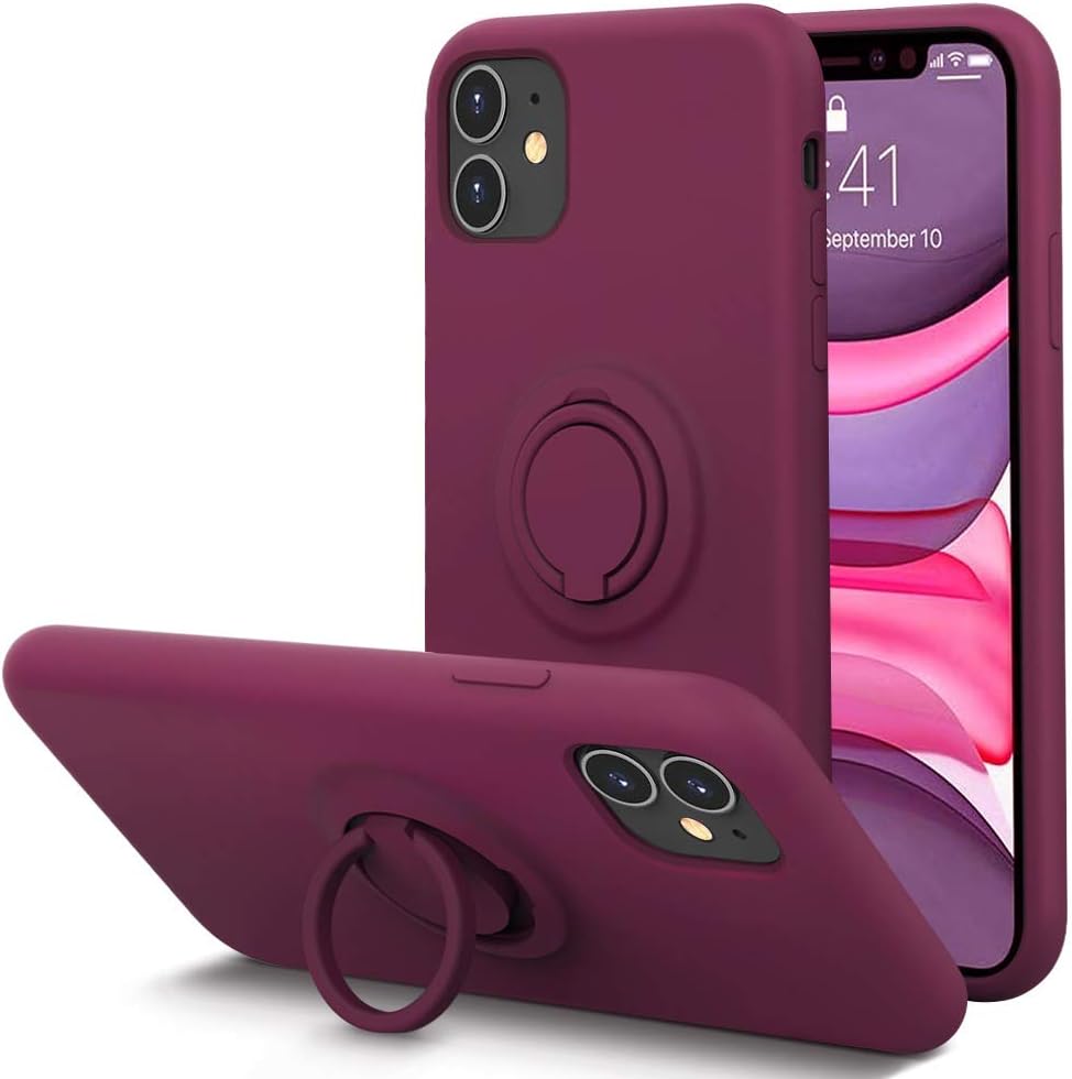 KUMEEK for iPhone 11 Case Fingerprint | Kickstand | Anti-Scratch | Microfiber Liner Shock Absorption Gel Rubber Full Body Protection Liquid Silicone Case for iPhone 11-WineRed