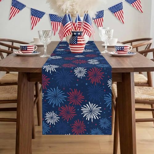 July 4th Table Runner Cotton Linen Fireworks Celebration Patriotic Americana Stars Party Holiday Tablecloth Decorations for Kitchen ,Home ,Dining,Outdoor,Small 13X36 Inches Long Red, White and Blue by Vandarllin - Used condition - Image 9