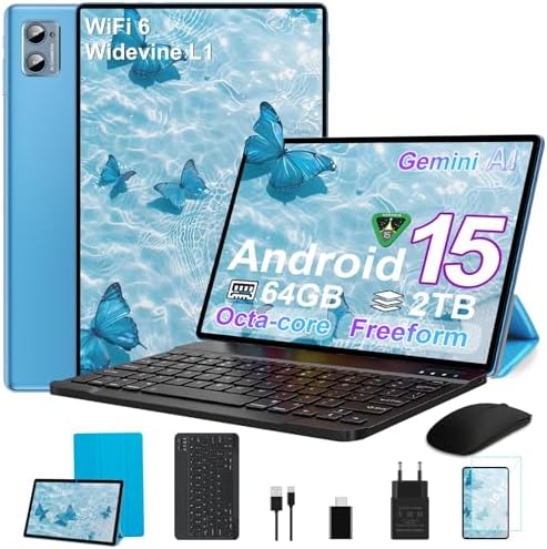 SUAAT 2026 Tablet 10 Zoll Android 15 Octa Core Tablet mit 64 GB ROM + 2 TB TF | 5G + 2,4G WiFi |GMS| Bluetooth 5.0 |8 MP + 5 MP | Typ C,Touchscreen-Tablet mit Hülle, Tastatur und M