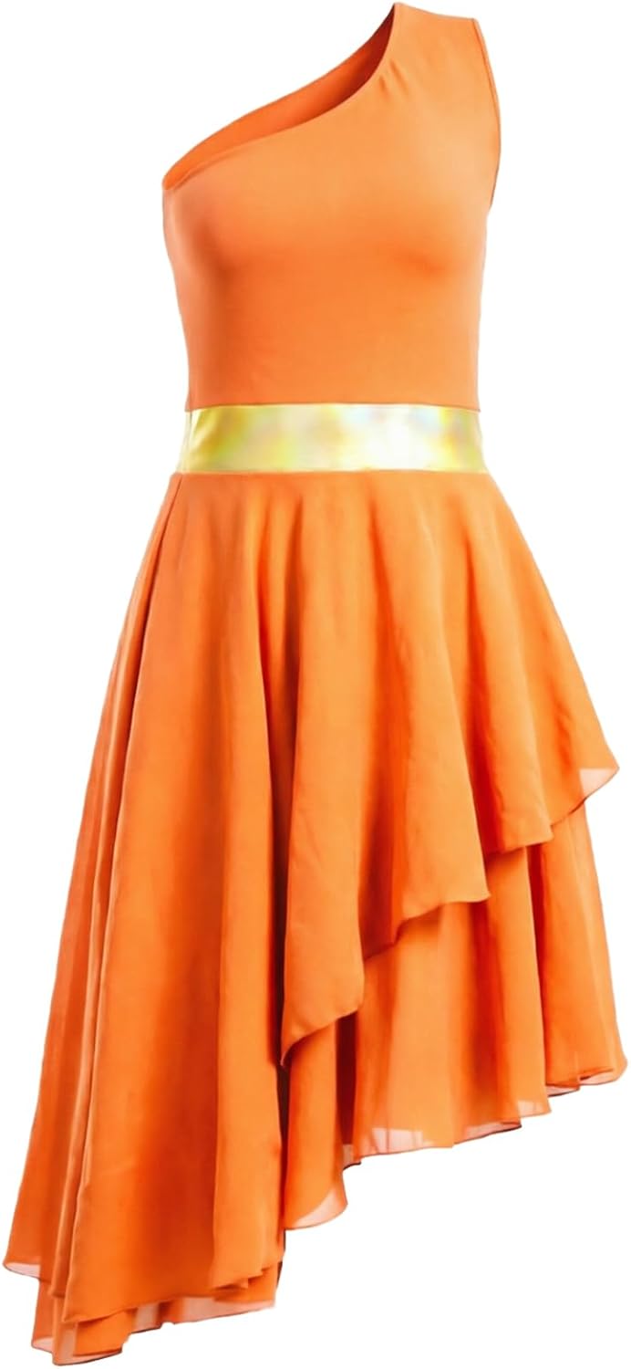 Women's Praise Cinched Waist Dance Dress, Sleeveless, Single Shoulder, Irregular Hem Worship Dance Lyrical Dress