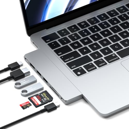 Image of Satechi USB C Hub Multiport Adapter Pro Slim, 7 in 1 Dongle for MacBook Pro /Air M2 with USB 4 Port, 4K HDMI Resolution, USB3.2 Gen 2, SD /TF Card Reader, and 100W USB C PD (Silver).